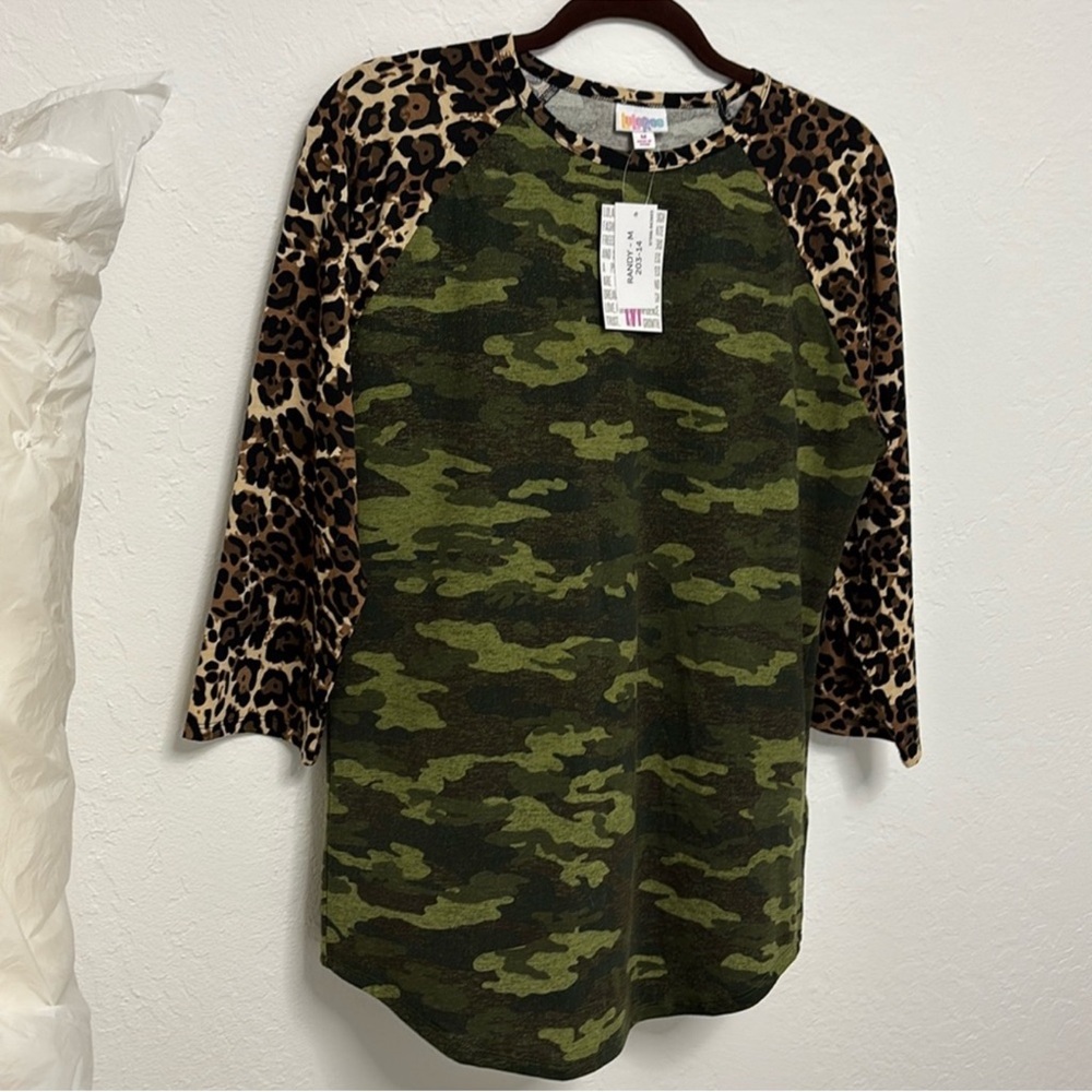 Lularoe Randy 3/4 sleeve tee shirt camo leopard animal print free brown large